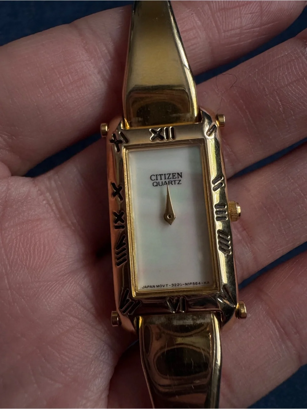 Citizen Ladies Watch Gold Tone Bangle Bracelet Rainbow Pearl Rectangular Dial
